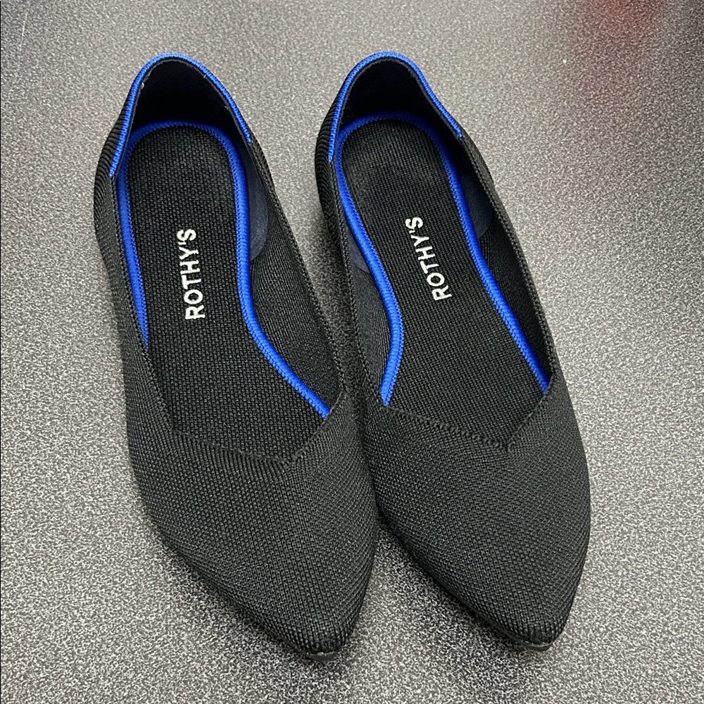 Rothy's Black The Point flats with Blue Trim